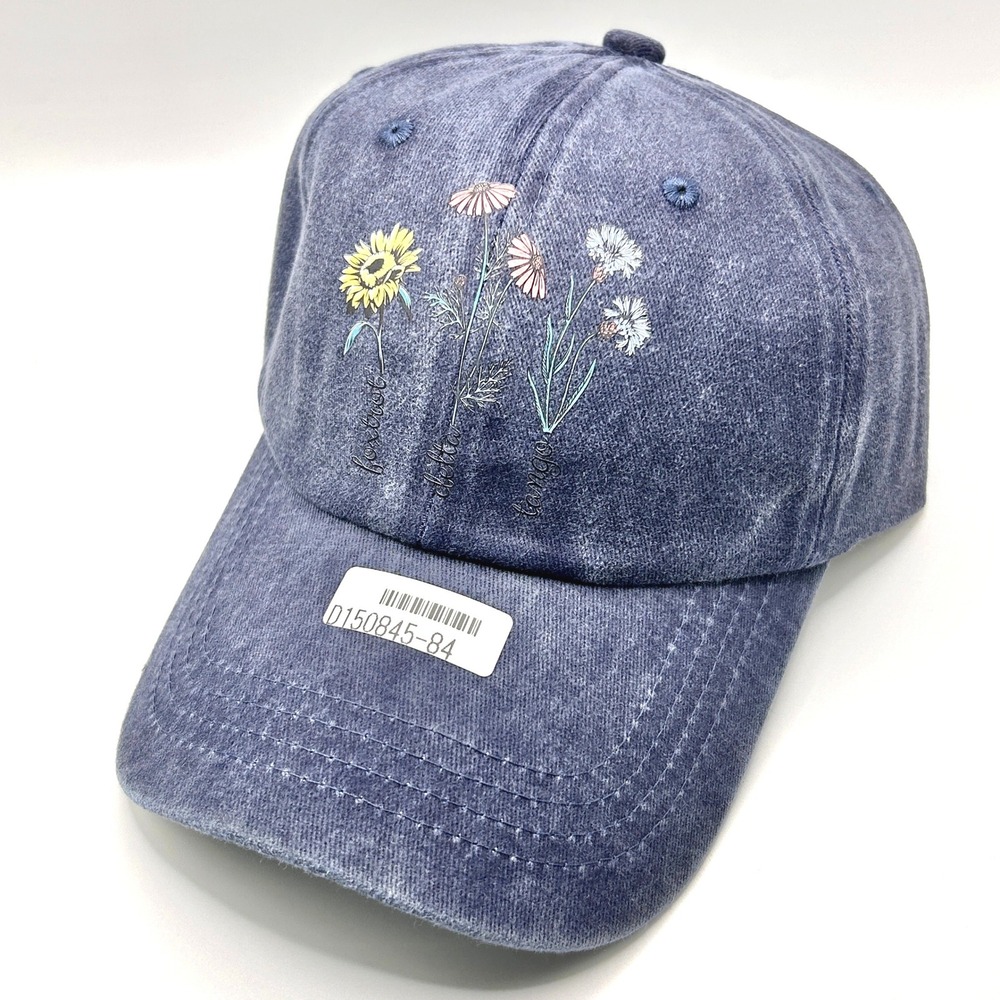 Wildflowers Embroidered Baseball Cap Women OS Blue Acid Wash Floral Dad Hat SEO